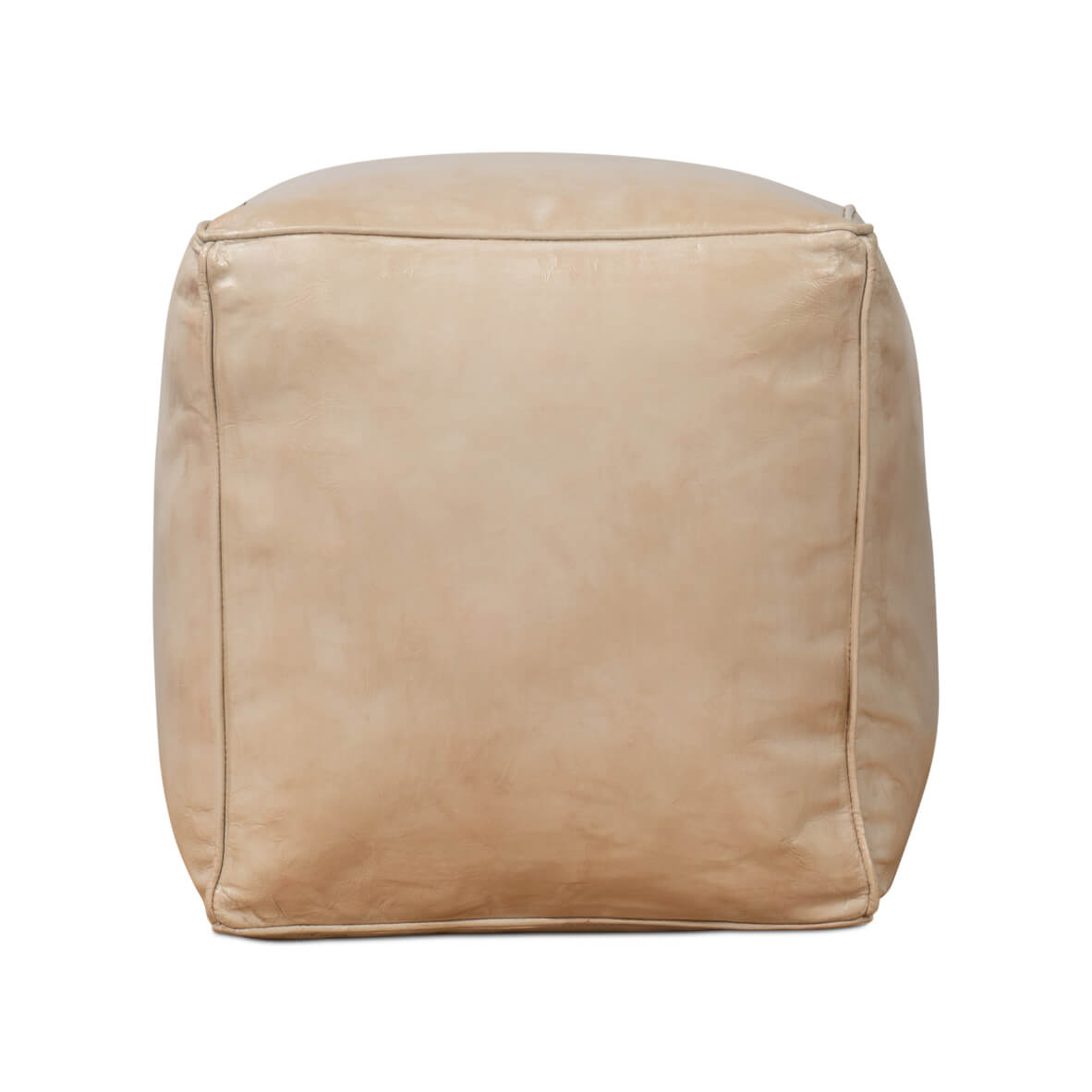 Beige leather cube stool, opposite side view.