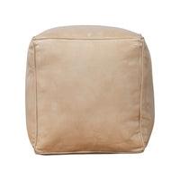 Beige leather cube stool, opposite side view.