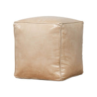 Beige leather cube stool, side view with slight angle.