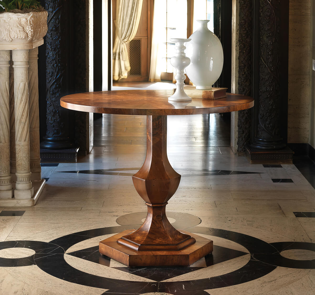 Walnut center table in elegant room setting.