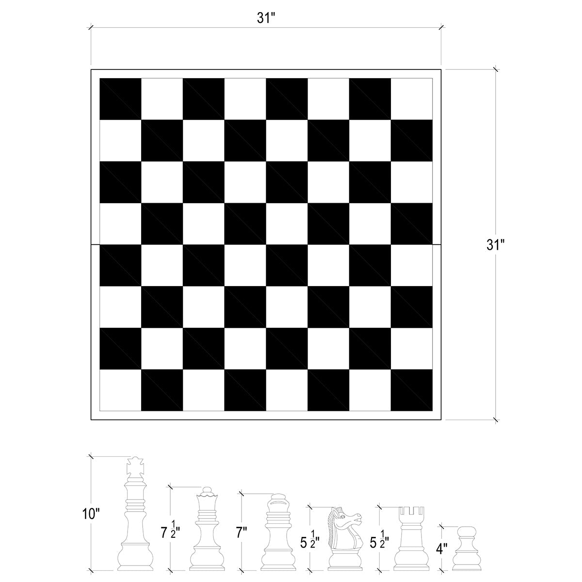 Chess board measurements and piece sizes diagram.