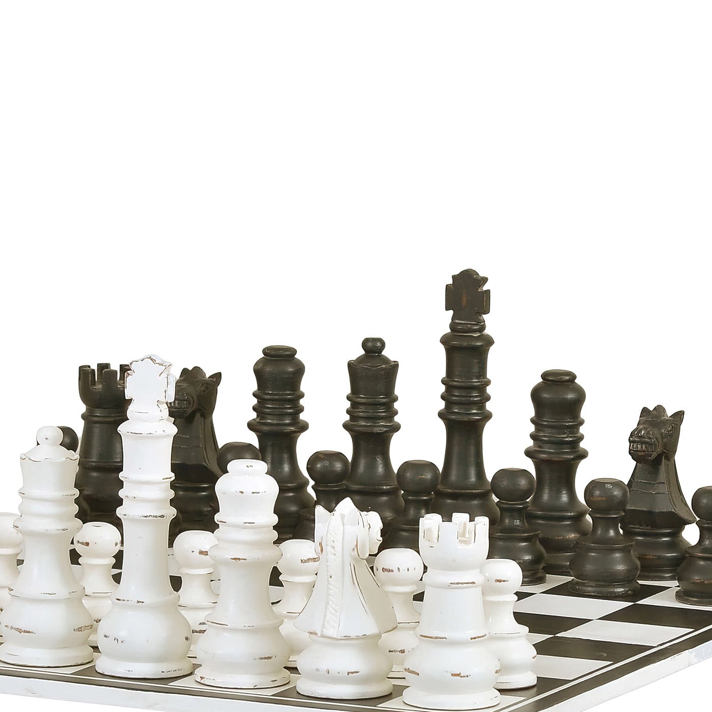 Chess board diagonal view, close-up of detailed pieces.