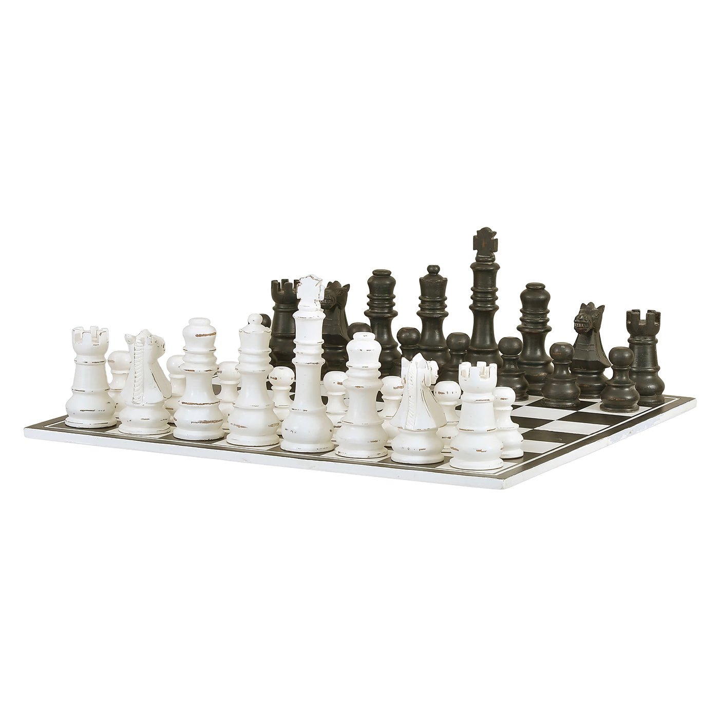 Chess board side view with pieces set up.