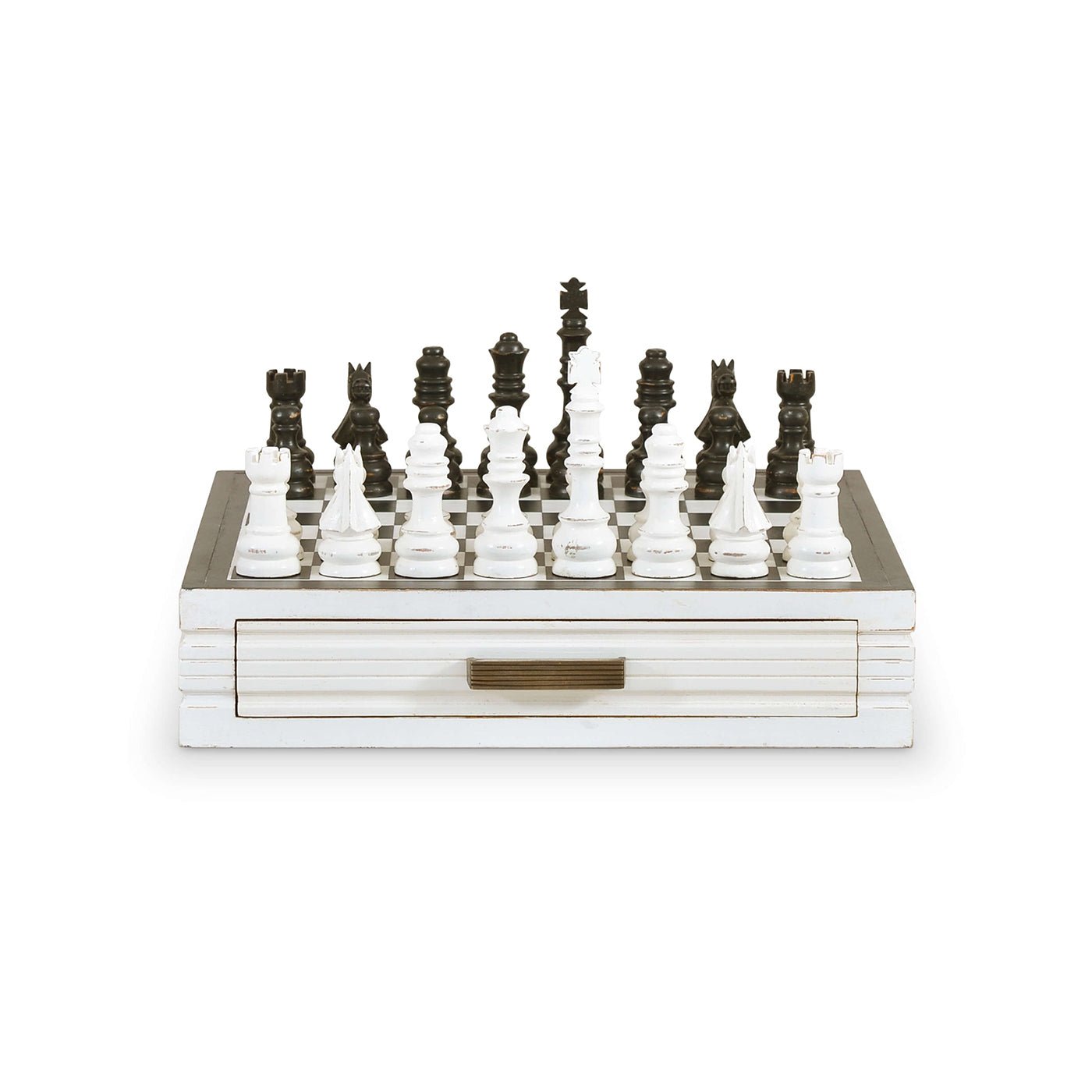 Front view of chessboard set with storage drawer.