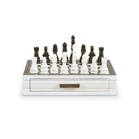 Front view of chessboard set with storage drawer.