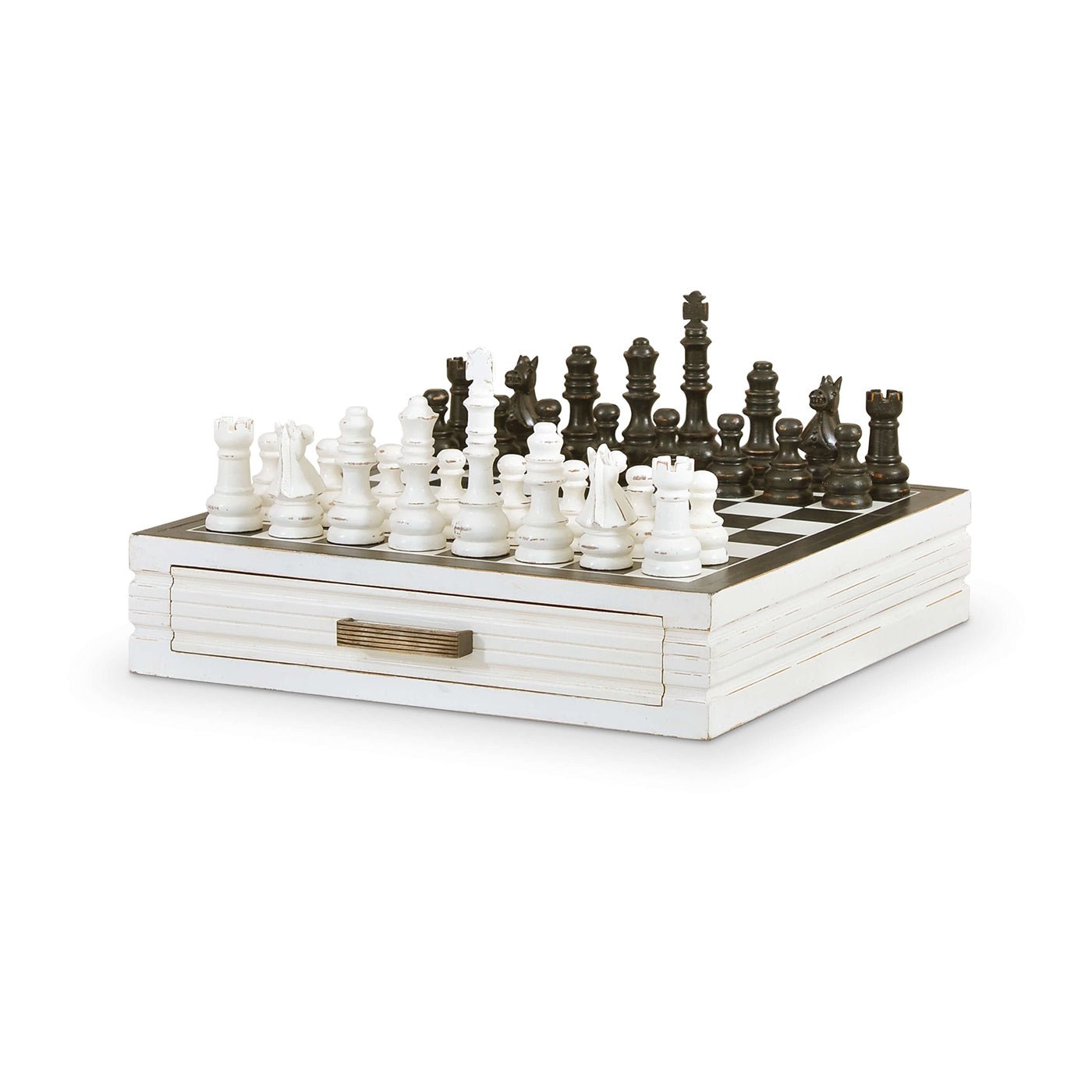 Black and white chessboard with storage drawer, angled view.