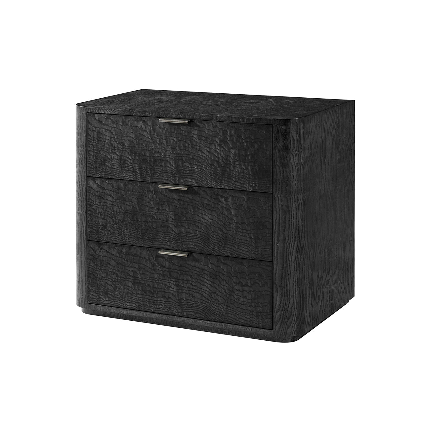 Black Art Deco nightstand, side angle, three drawers.