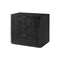 Black Art Deco nightstand, side angle, three drawers.