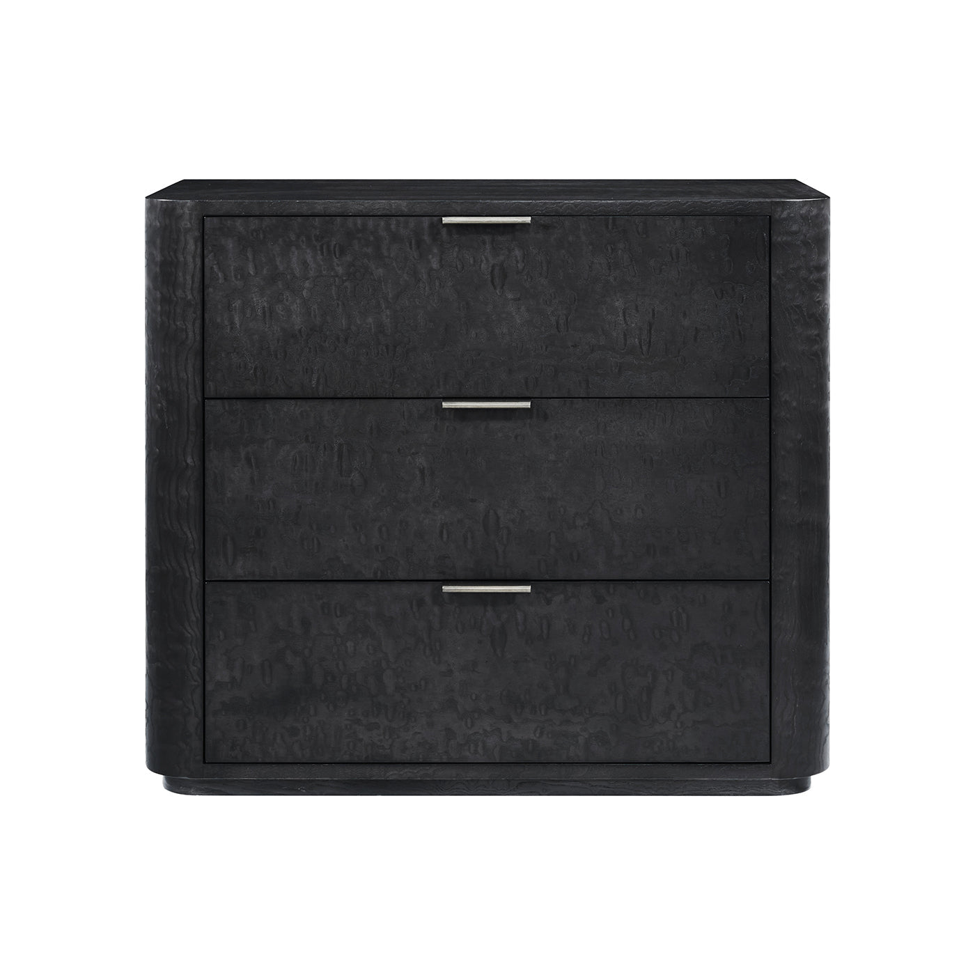 Black Art Deco nightstand, front view, three drawers.