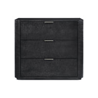 Black Art Deco nightstand, front view, three drawers.