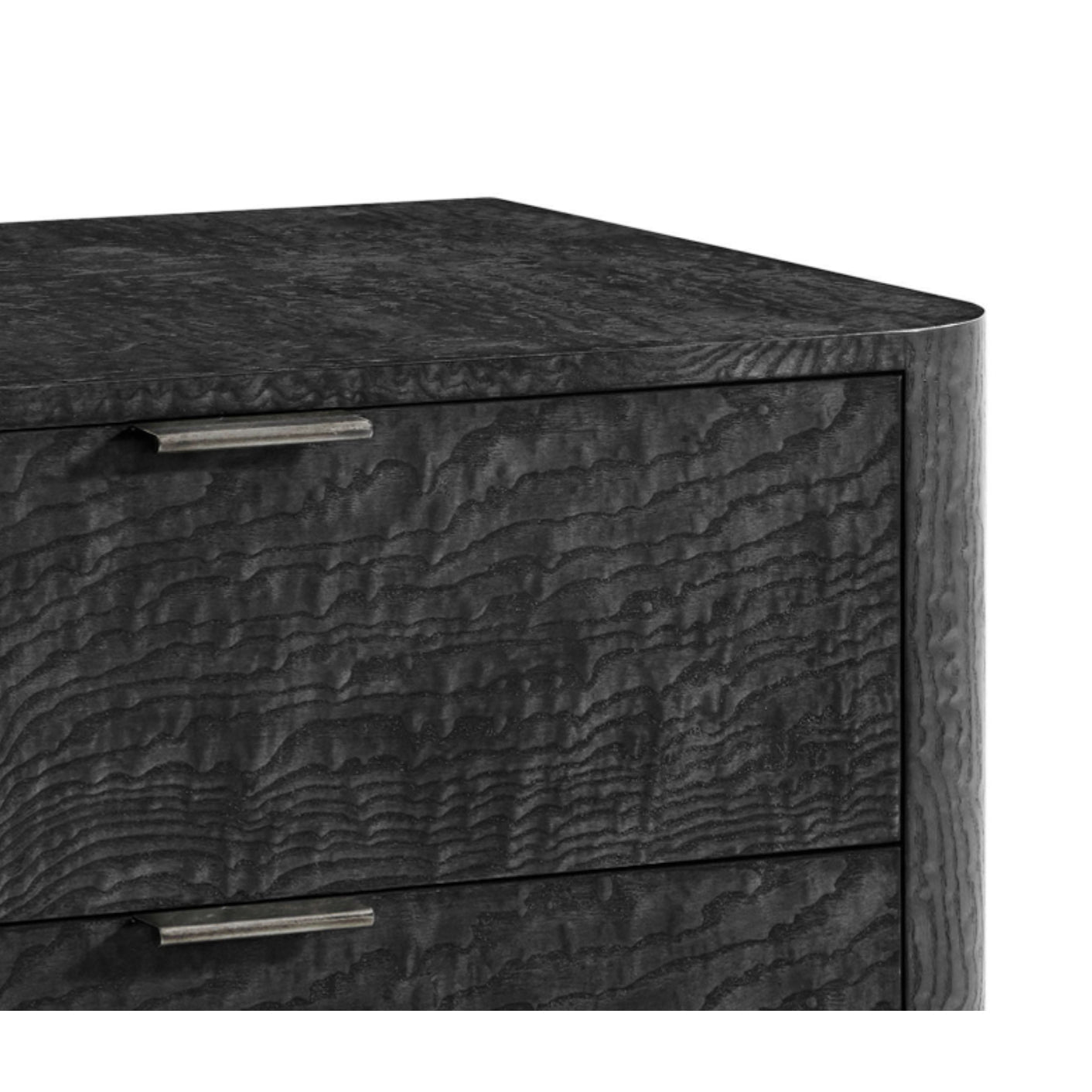 Black Art Deco nightstand close-up, drawer handle detail.