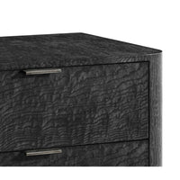 Black Art Deco nightstand close-up, drawer handle detail.