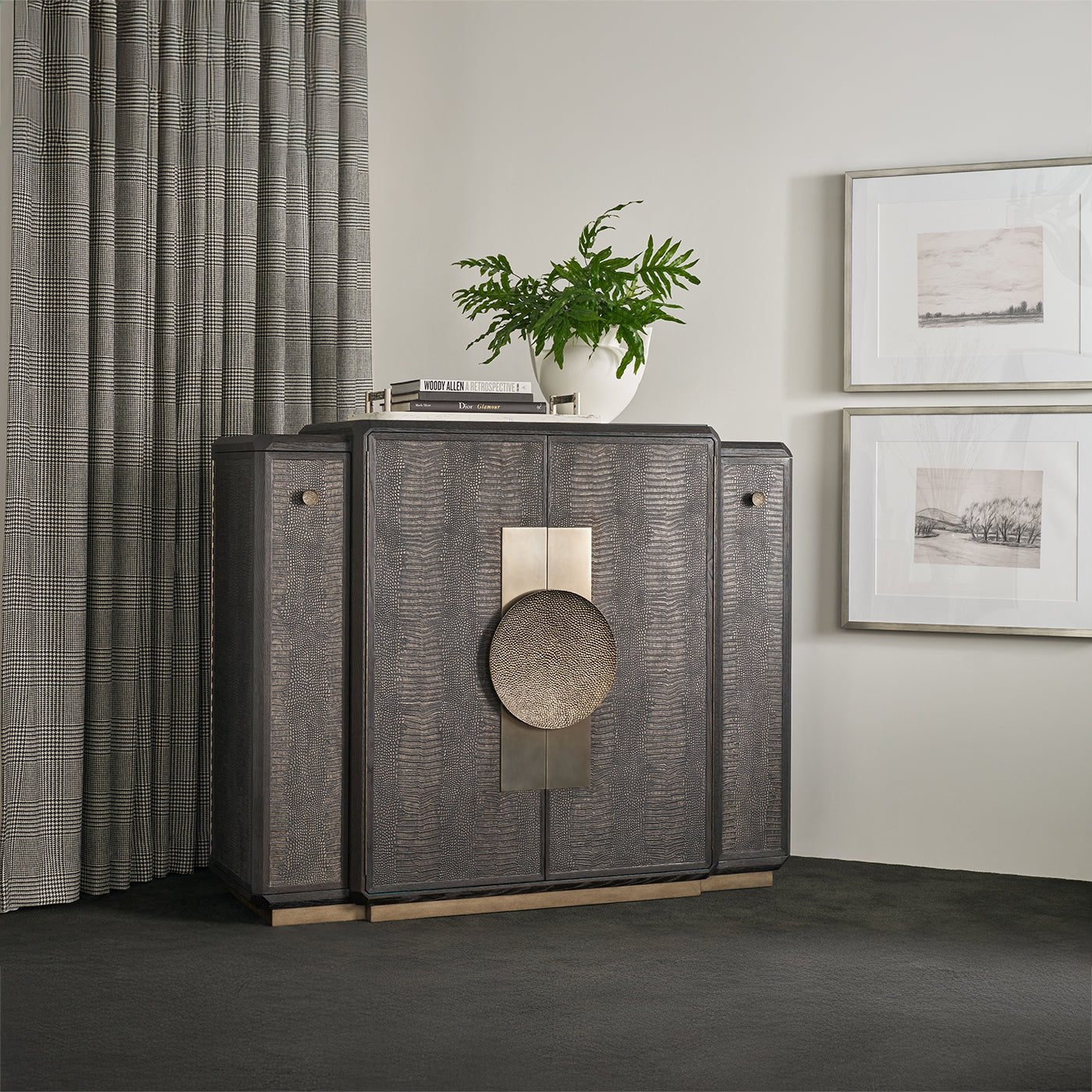 Black Art Deco Bar Cabinet styled in living room.