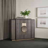 Black Art Deco Bar Cabinet styled in living room.