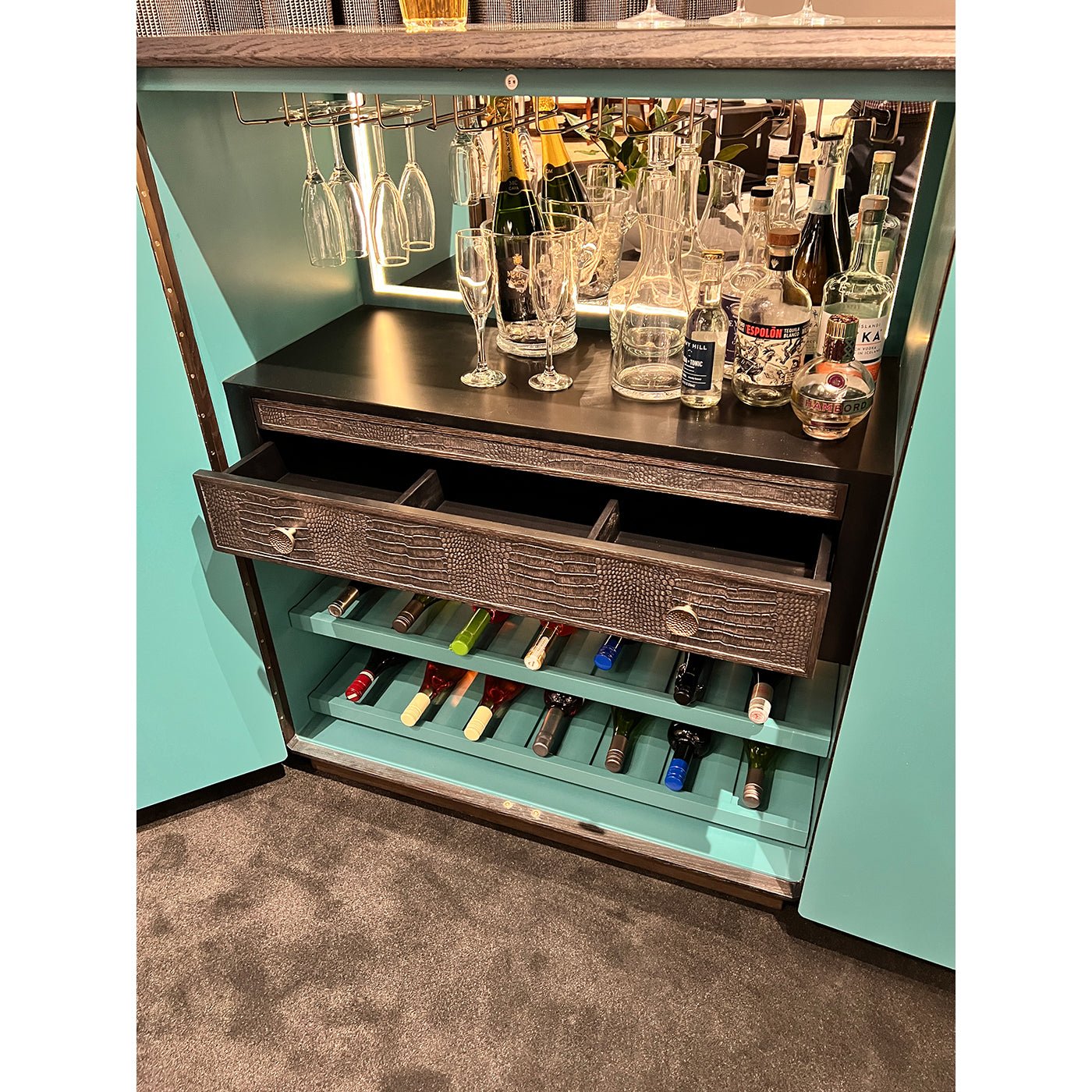 Black Art Deco Bar Cabinet with open drawer detail.
