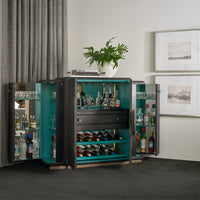 Black Art Deco Bar Cabinet open with drinks displayed.