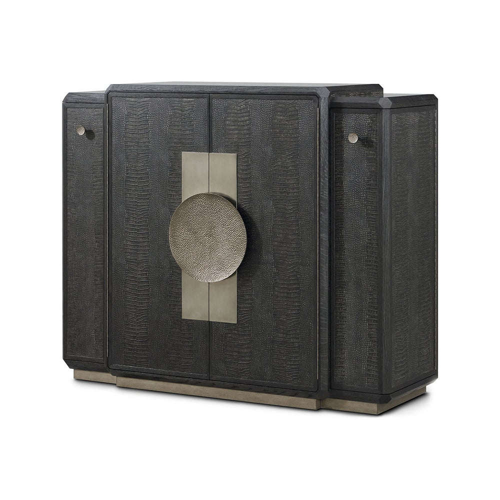 Black Art Deco Bar Cabinet closed front view.