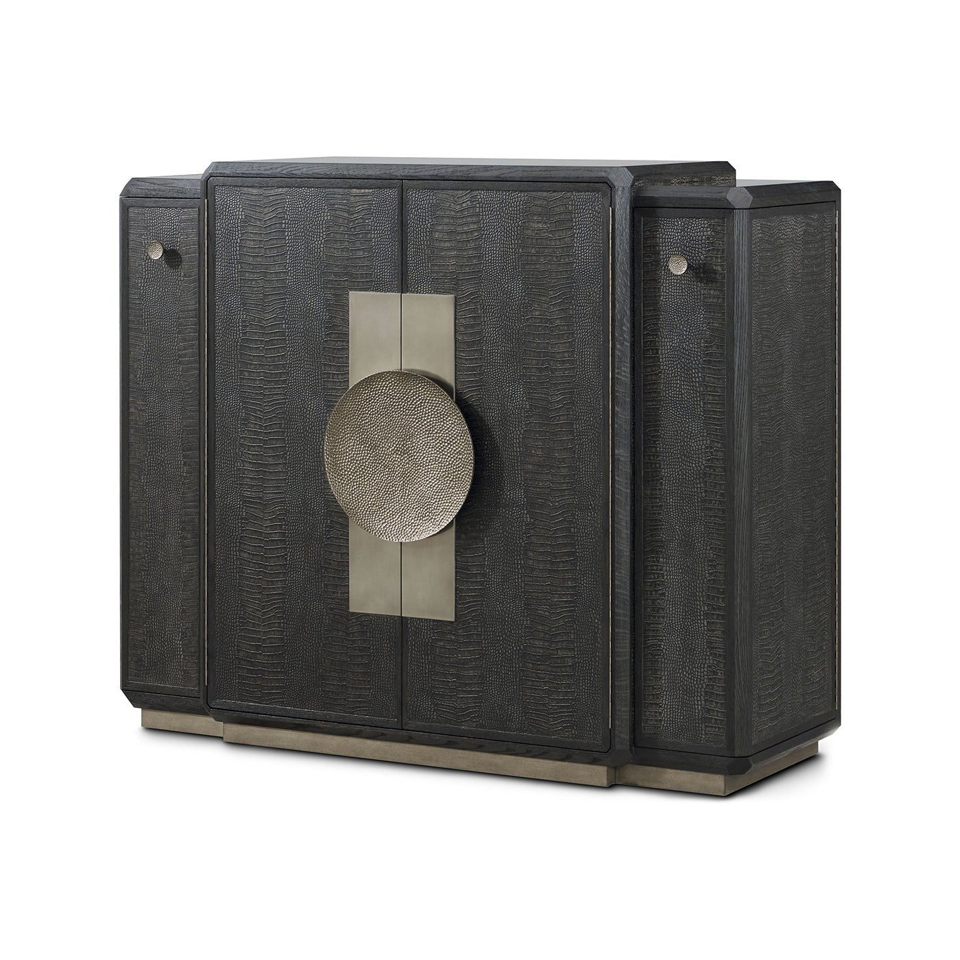 Black Art Deco Bar Cabinet closed front view.