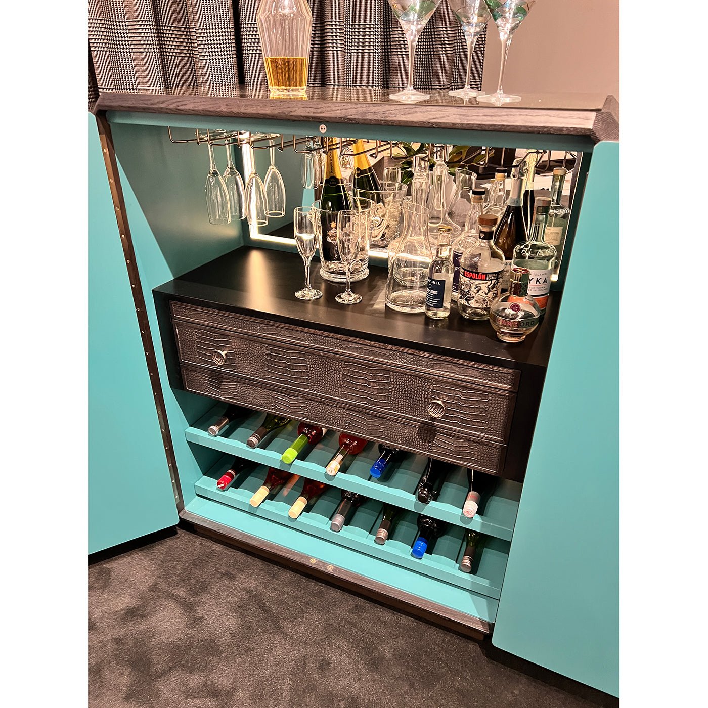 Black Art Deco Bar Cabinet interior focus on wine storage.