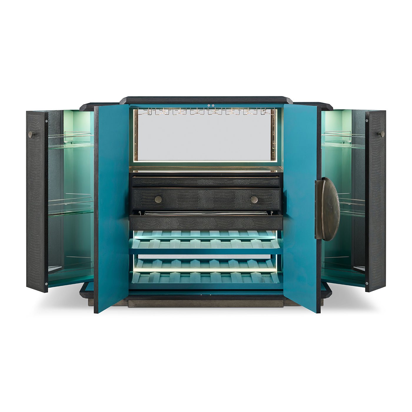 Black Art Deco Bar Cabinet interior with turquoise details.