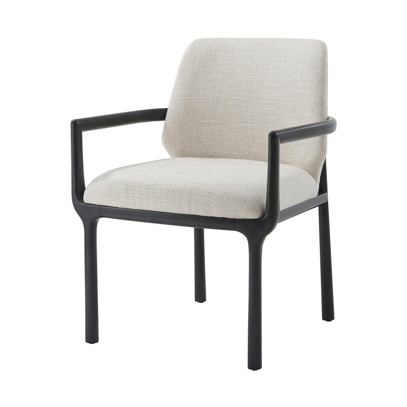 Black dining armchair, angled view, beige upholstery.
