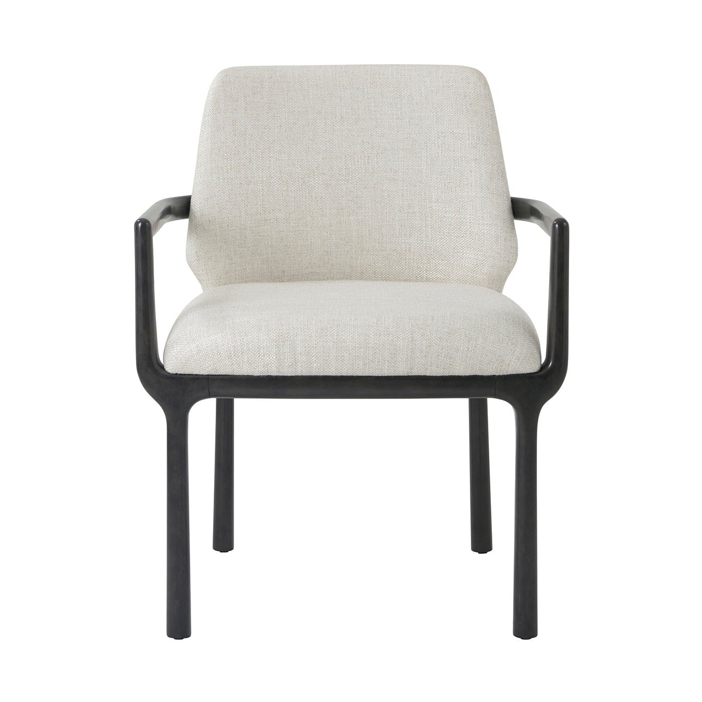 Black dining armchair, front view, beige upholstery.