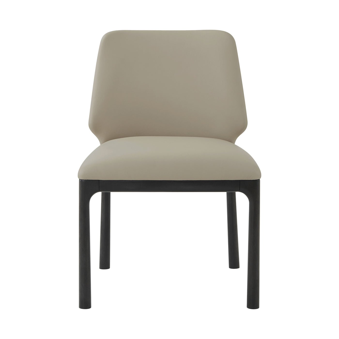 Beige leather dining chair, front view, black legs.