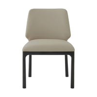 Beige leather dining chair, front view, black legs.