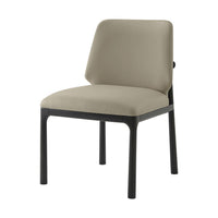 Beige leather dining chair, front angled view.