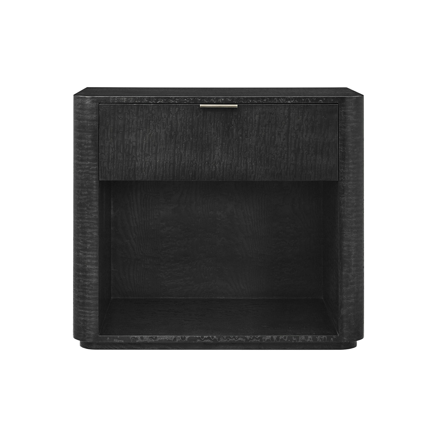 Black art deco nightstand, straight front perspective.