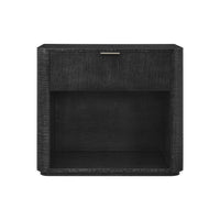 Black art deco nightstand, straight front perspective.