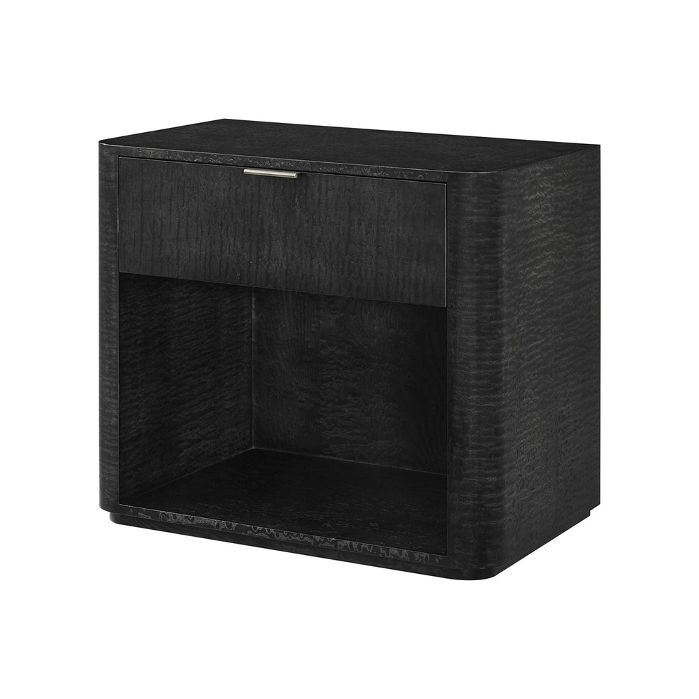 Black art deco nightstand, front view with drawer.