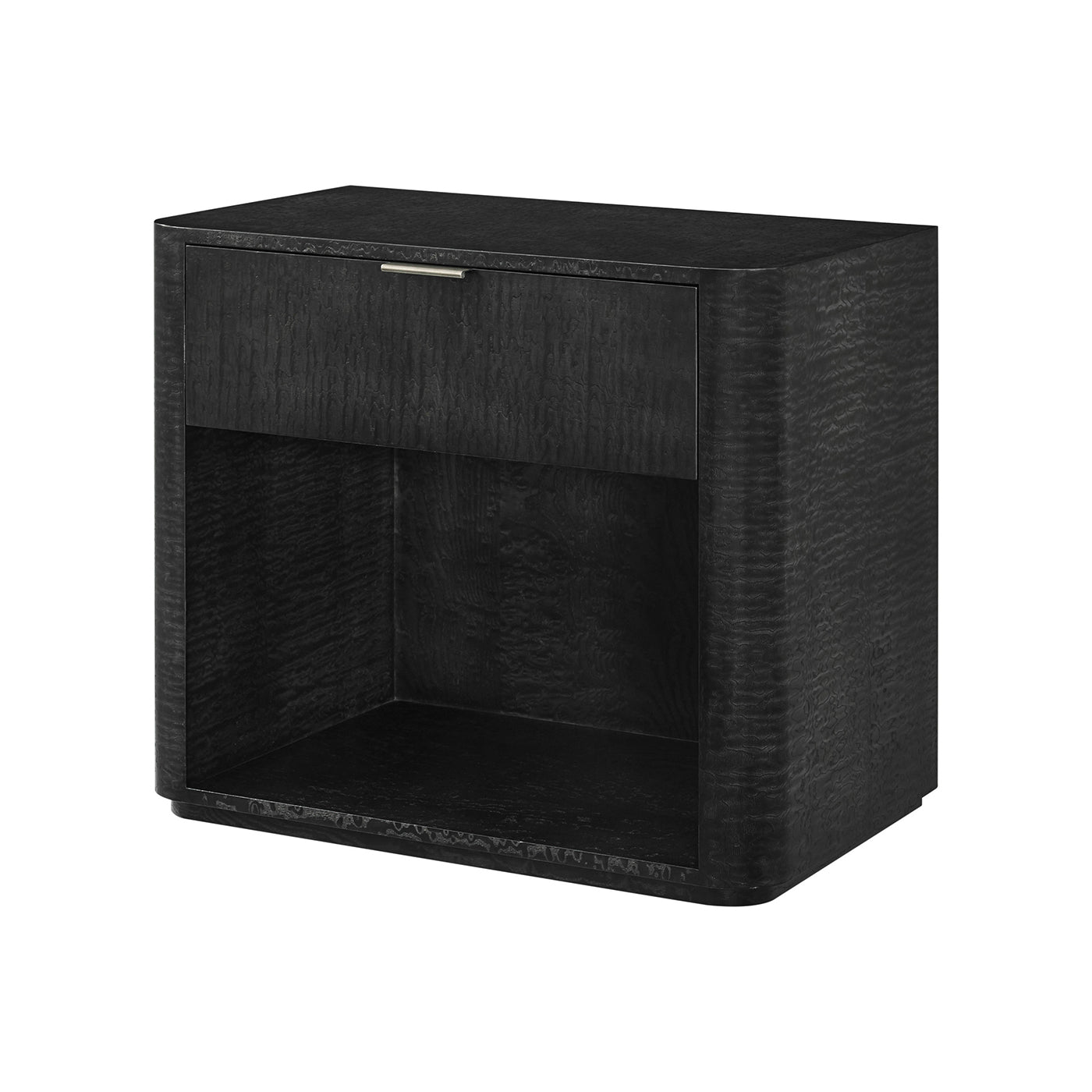 Black art deco nightstand, front view with drawer.