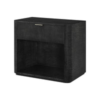 Black art deco nightstand, front view with drawer.