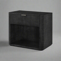 Black art deco nightstand, angled view showing structure.