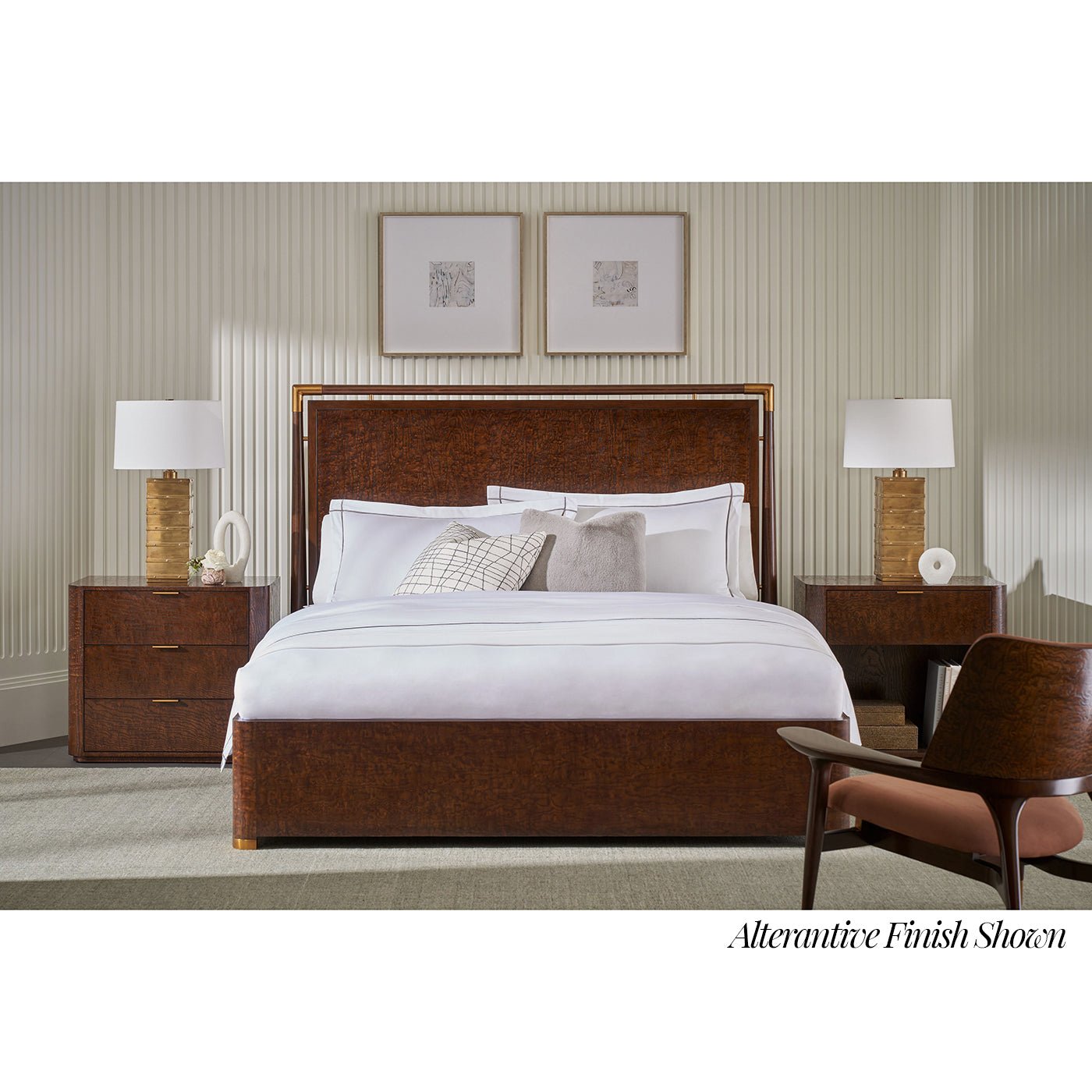 Bedroom with bed and lamps, alternative finish shown.