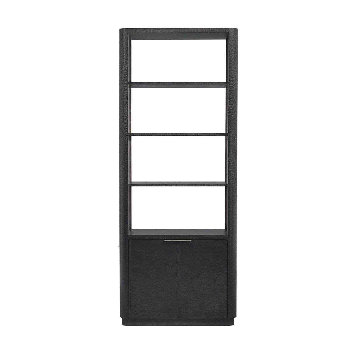 Front view of black Art Deco bookcase with shelves