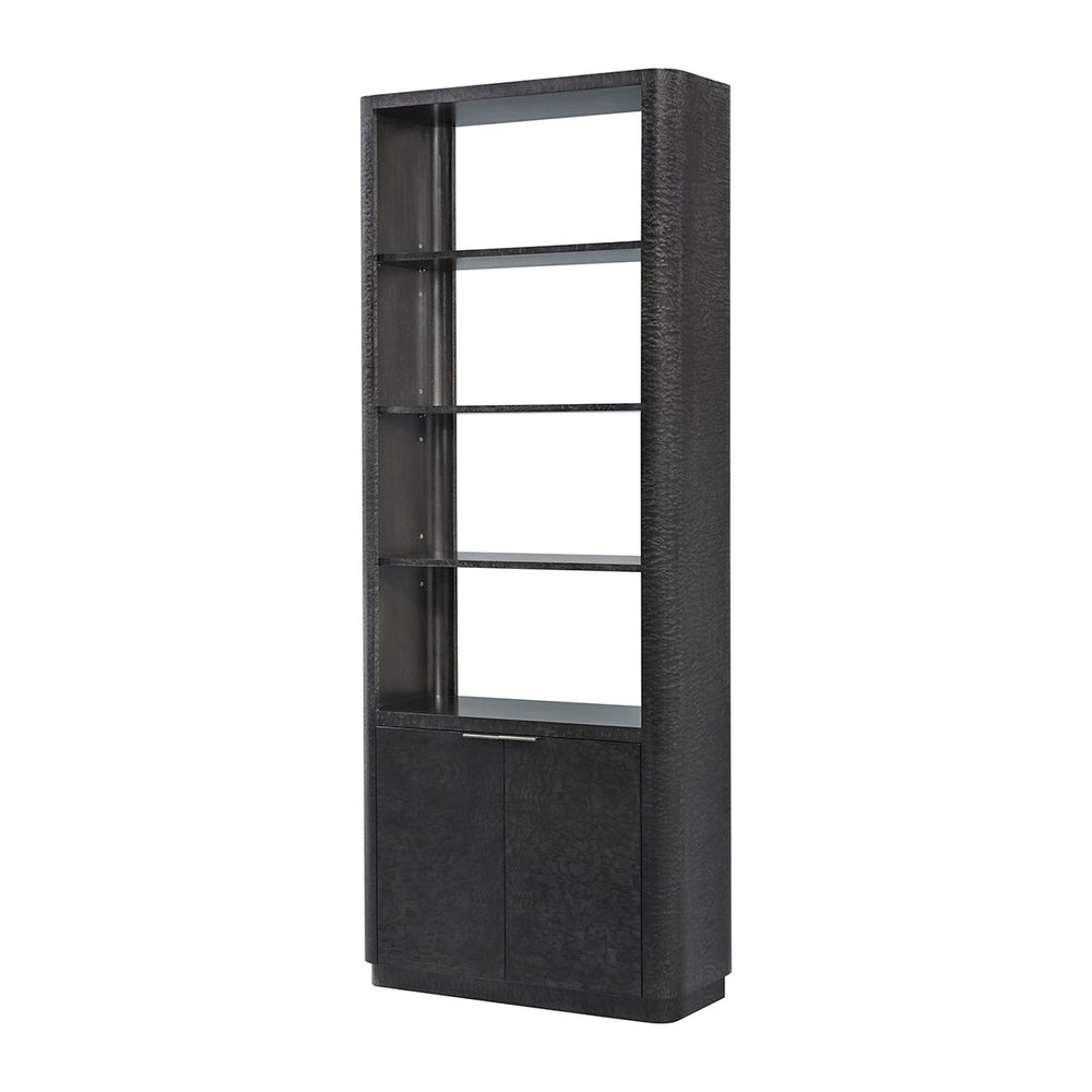 Black wood bookcase side view with open shelves