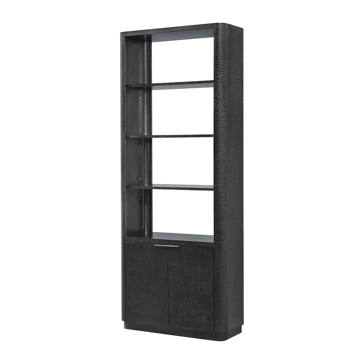 Black wood bookcase side view with open shelves