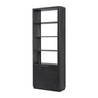 Black wood bookcase side view with open shelves