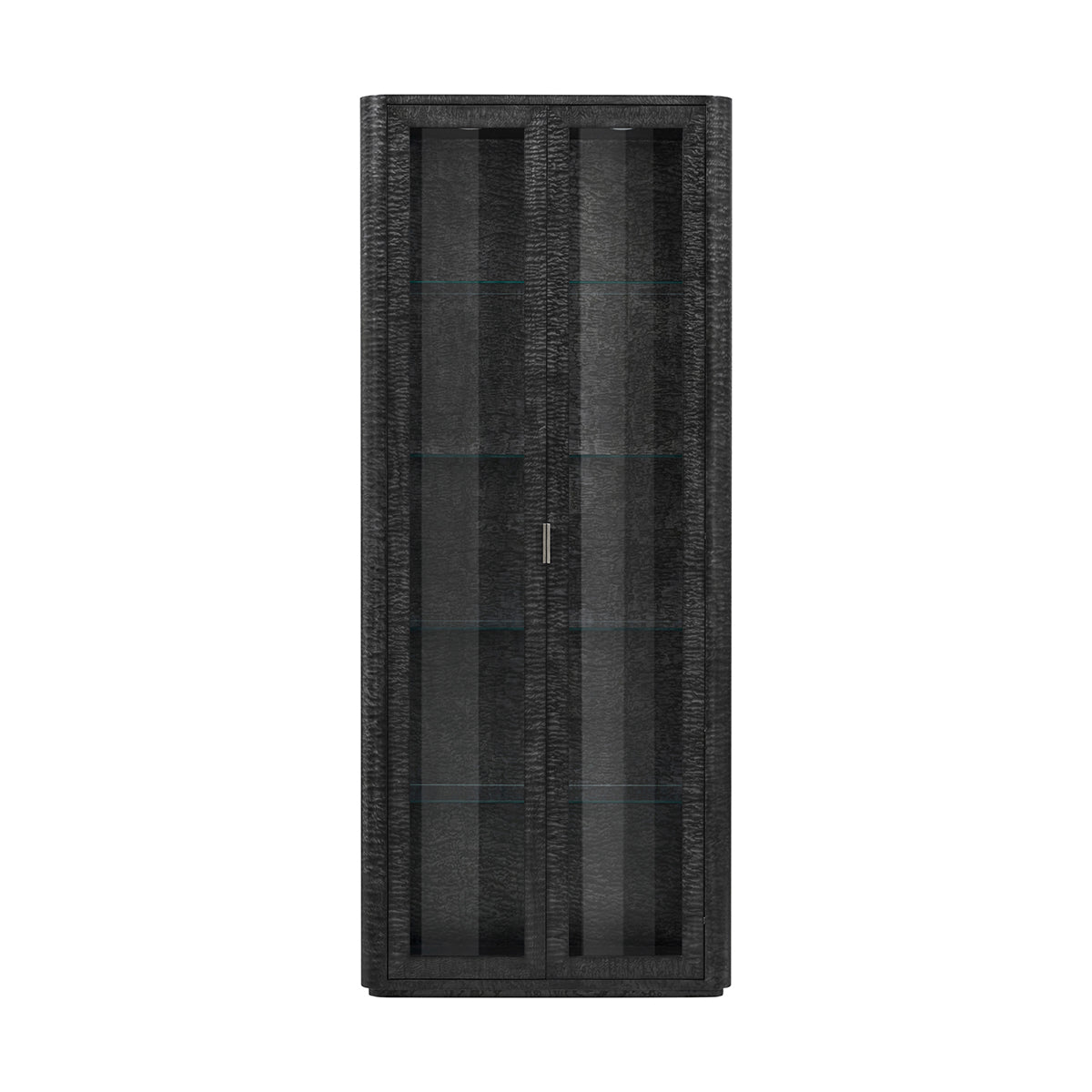Front view illuminated Black Burl Art Deco cabinet