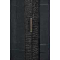 Close-up door handle on Black Burl cabinet