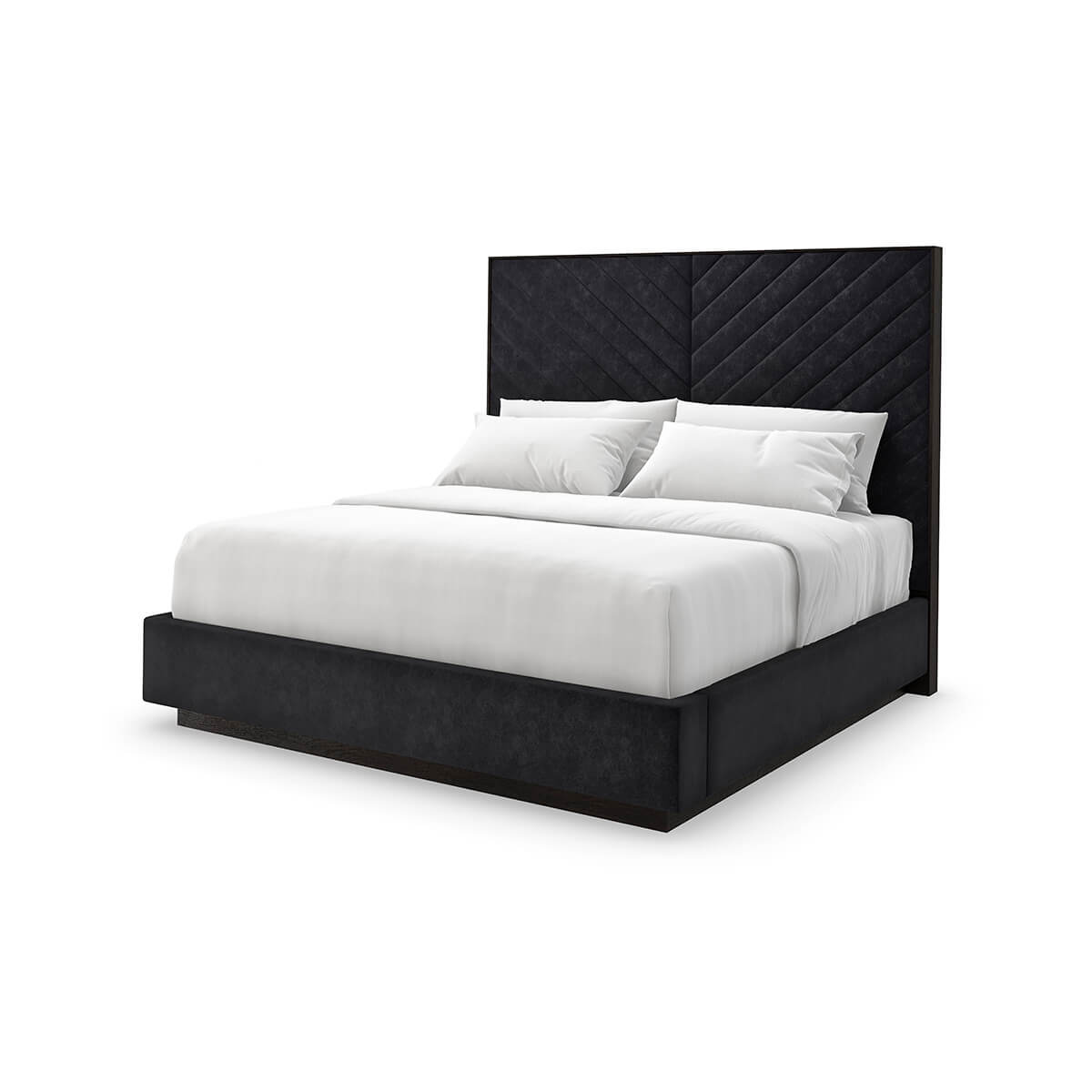 Black king bed with chevron-tufted headboard, white bedding.
