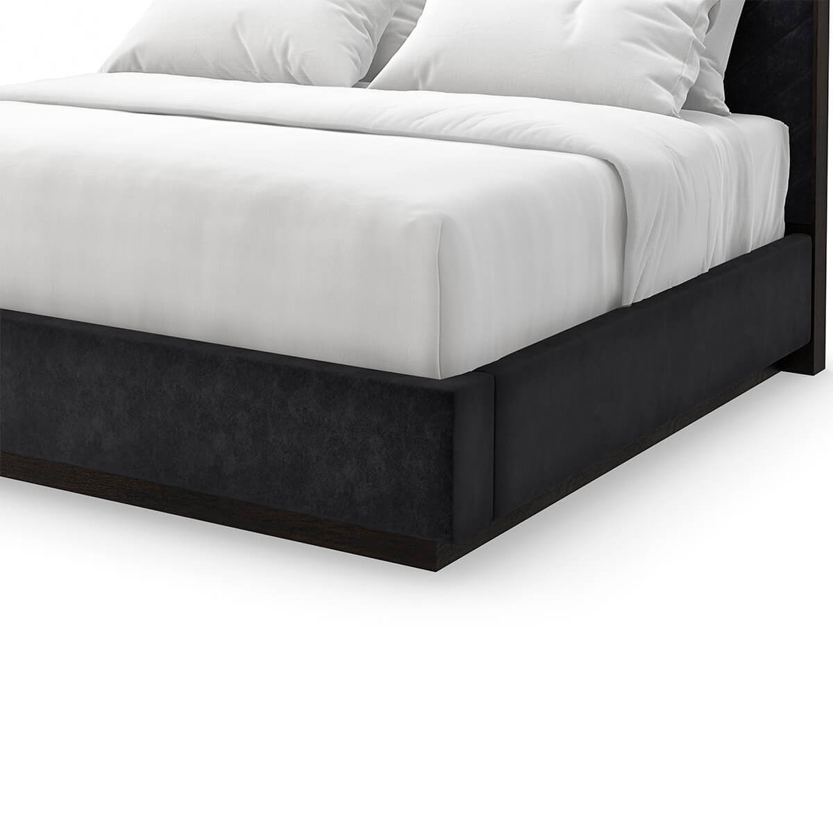 Close-up of king bed base with white bedding.
