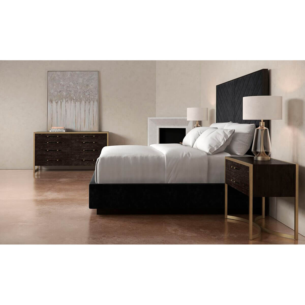 Bedroom scene with black upholstered queen bed and decor.
