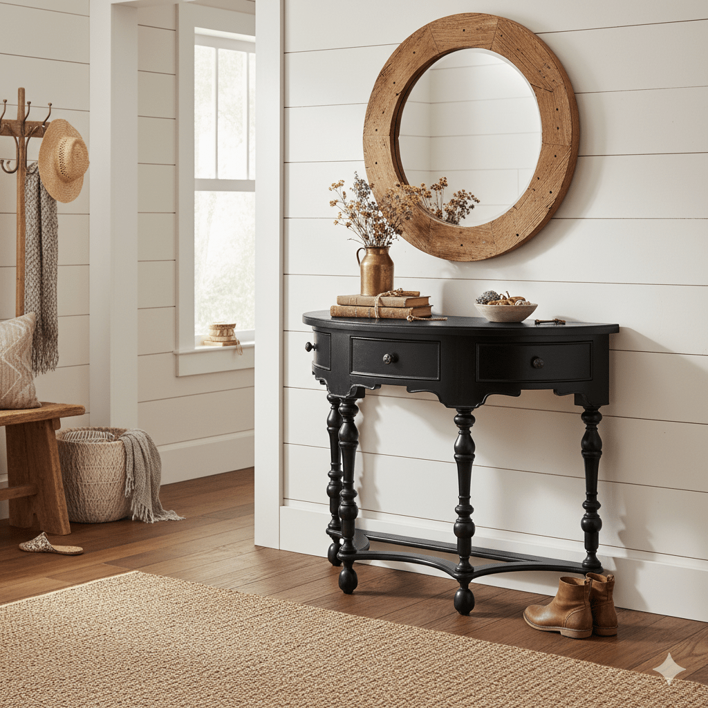Demilune table in a shiplap room, circular mirror above.