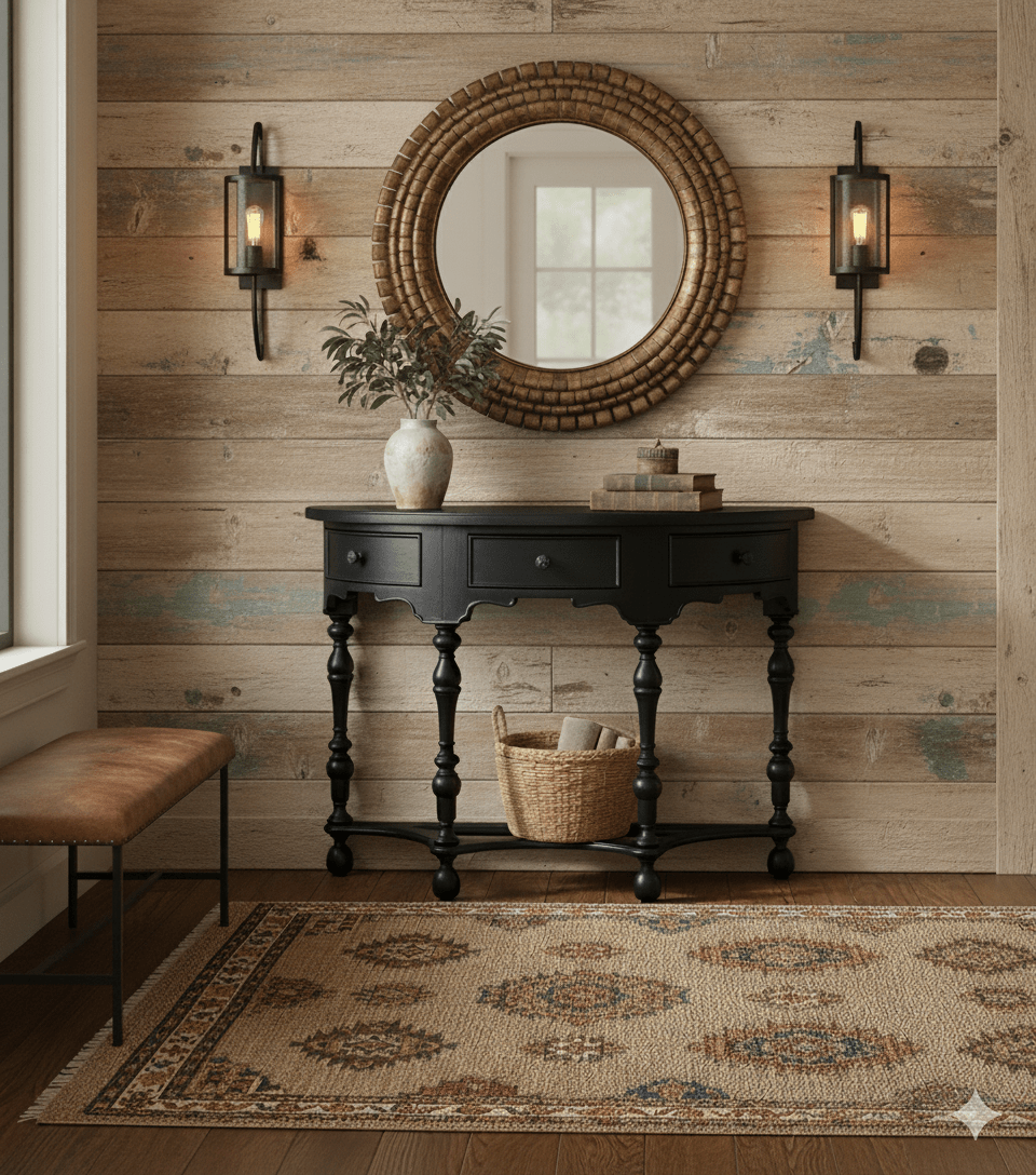 Console table in rustic entryway with round mirror above.