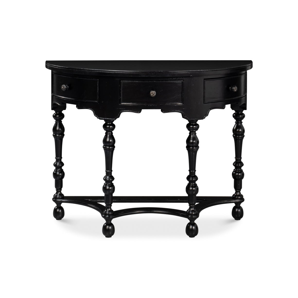 Front view of black console table with turned legs.