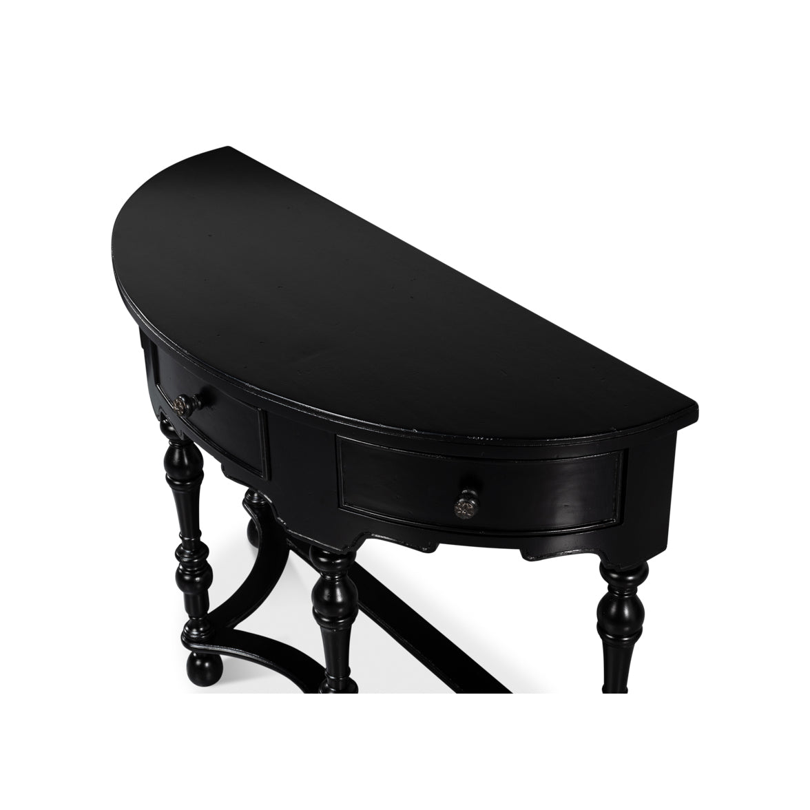 Top view of the black demilune console table.