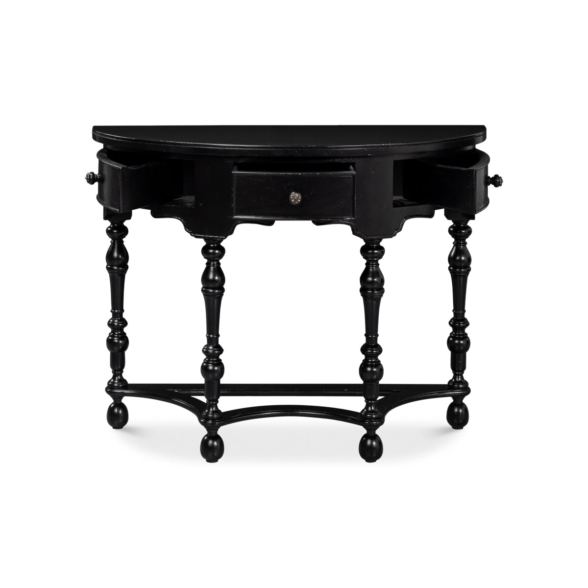 Console table showing central drawer open, front view.